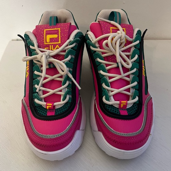 Fila Disruptor II 2 Premium Casual Athletic Shoe Glow Pink/Gold/Green Women Sz 7 - Picture 2 of 9